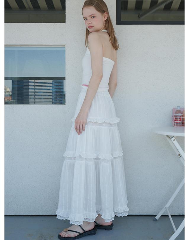오프닝선샤인 Lace Contrast Tiered Cotton Maxi Skirt White 착용컷