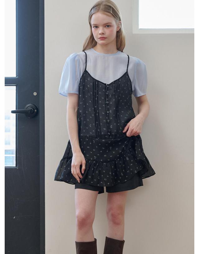 오프닝선샤인 Pintuck Sleeveless Chiffon Mini Dress Flower Black 착용컷