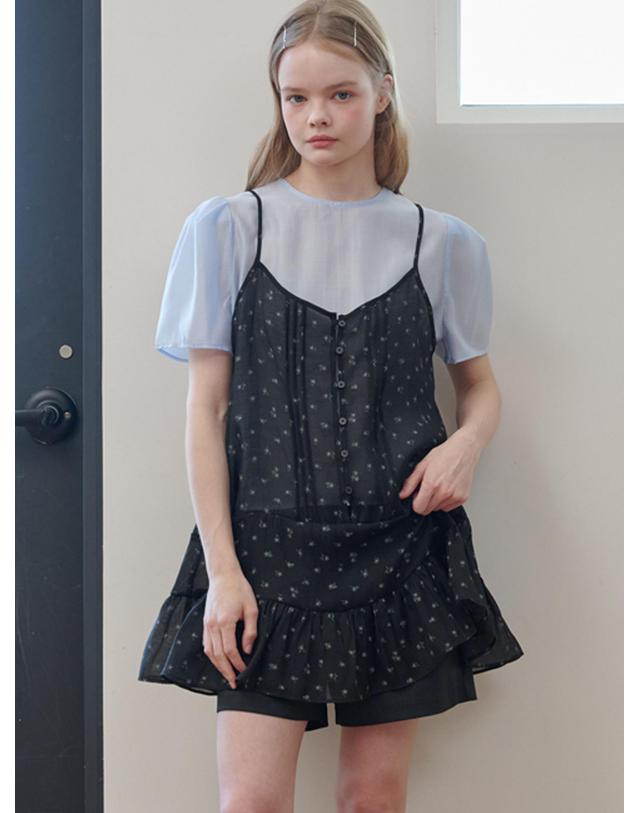 오프닝선샤인 Pintuck Sleeveless Chiffon Mini Dress Flower Black 착용컷