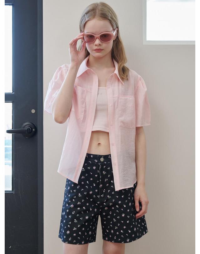 오프닝선샤인 Organza Puff Sleeve Pocket Blouse_Light Pink 착용컷