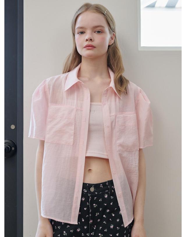 오프닝선샤인 Organza Puff Sleeve Pocket Blouse_Light Pink 착용컷