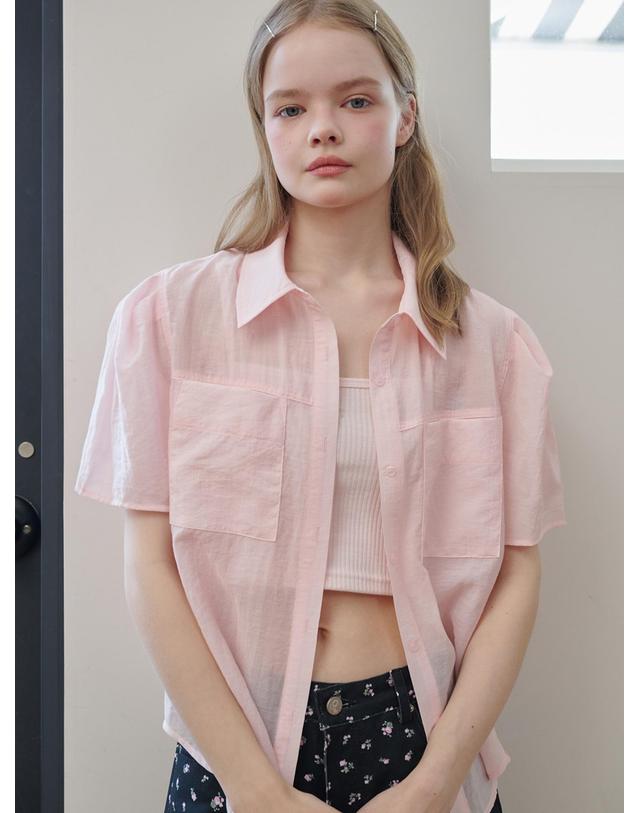 오프닝선샤인 Organza Puff Sleeve Pocket Blouse_Light Pink 착용컷
