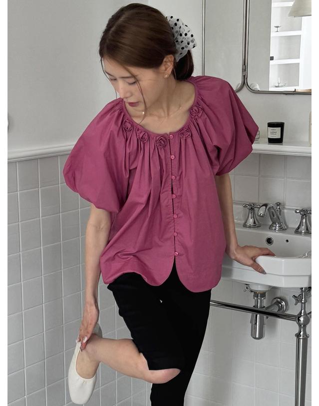 오프닝선샤인 Rose Corsage Balloon Sleeve Shirring Blouse Rose Pink 착용컷