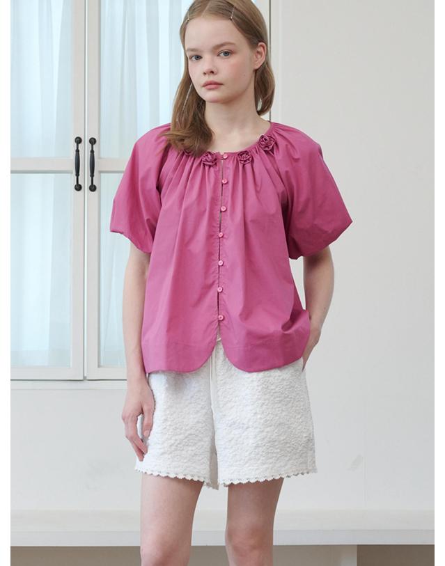 오프닝선샤인 Rose Corsage Balloon Sleeve Shirring Blouse Rose Pink 착용컷