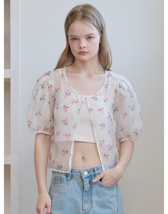 오프닝선샤인 Organza Puff Sleeve Floral Jacket Ivory 착용컷