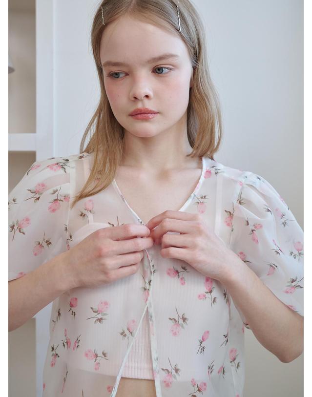 오프닝선샤인 Organza Puff Sleeve Floral Jacket Ivory 착용컷