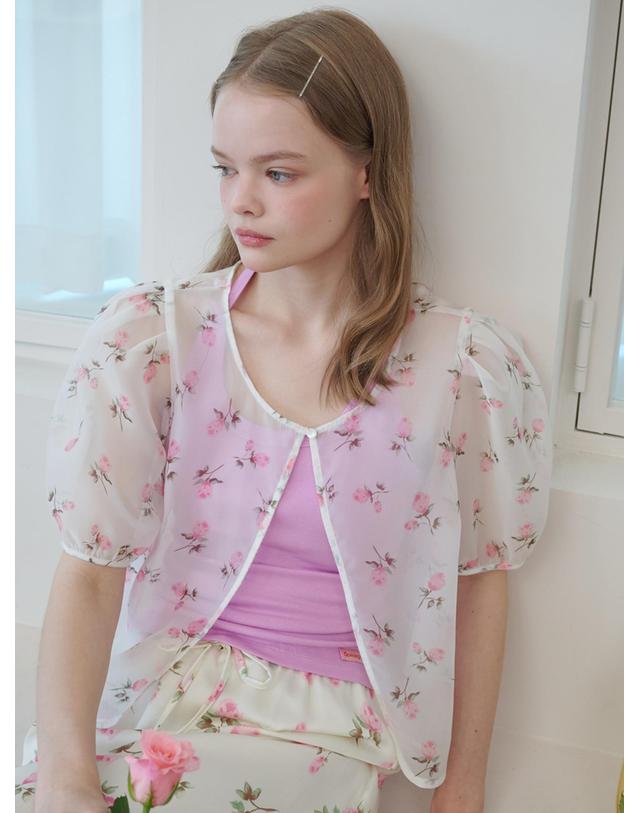 오프닝선샤인 Organza Puff Sleeve Floral Jacket Ivory 착용컷