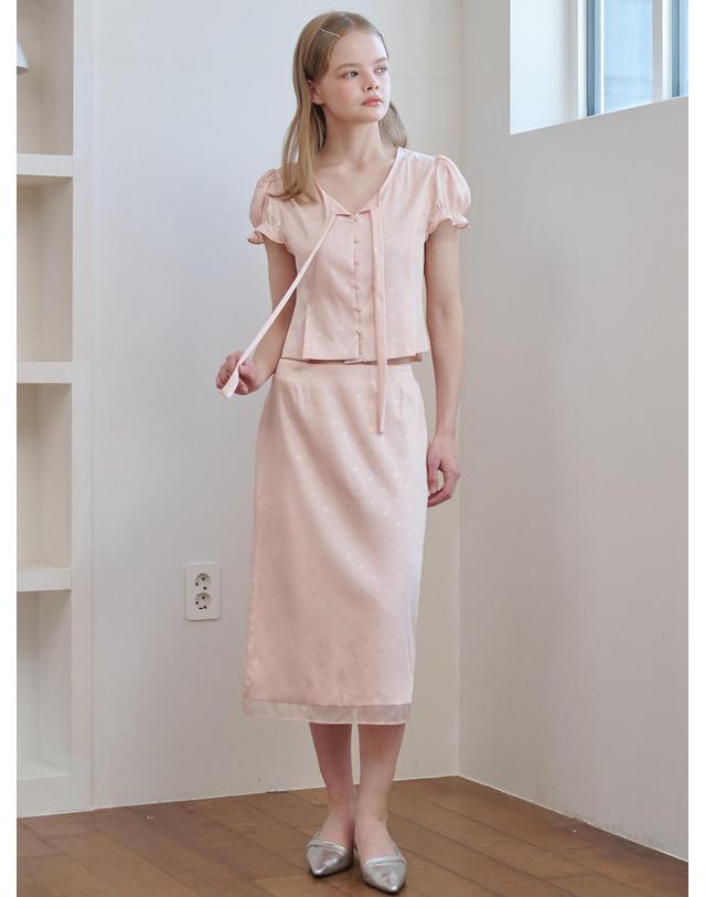 오프닝선샤인 Set-Satin Jacquard Tie Blouse+H-Midi Skirt Pink 착용컷