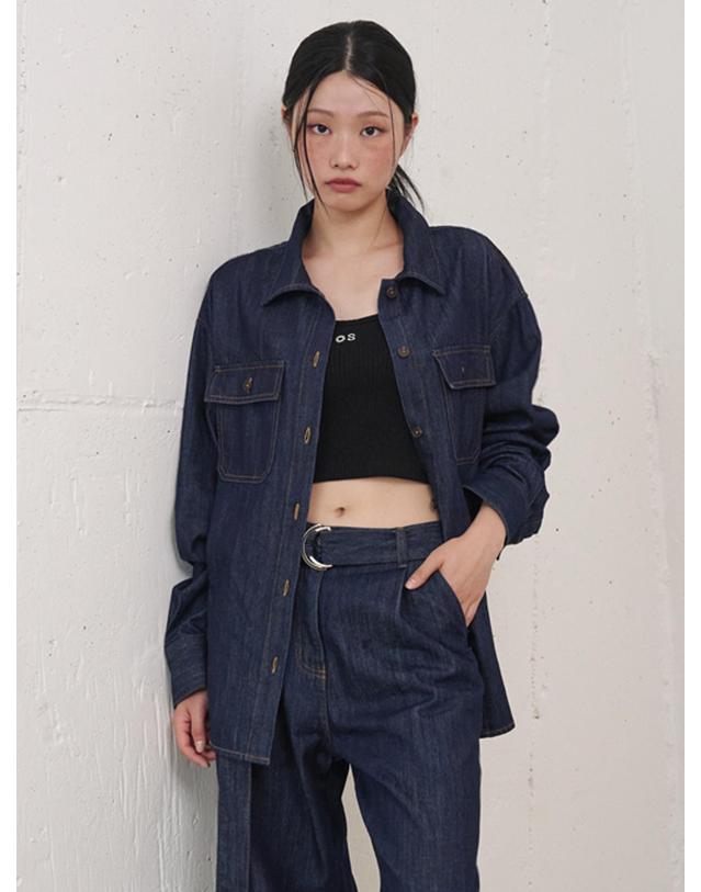 오프닝선샤인 Tie-Point Waist Strap Denim Shirt Dark Indigo 착용컷