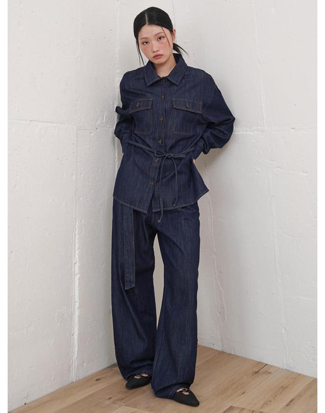오프닝선샤인 Pin-tuck Belted Wide Denim Pants Dark Indigo 네이비 착용컷