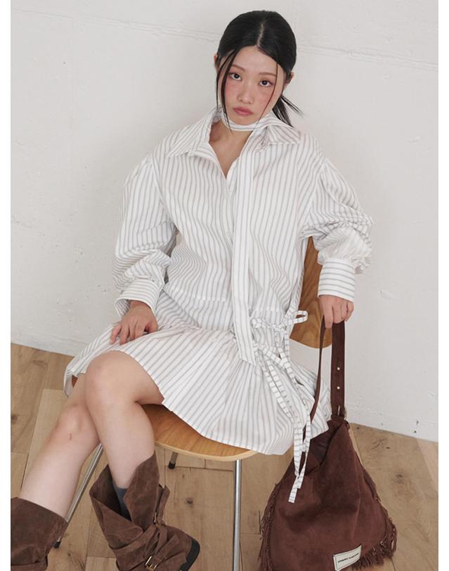 오프닝선샤인 Stripe Double Strap Shirt Mini Dress Ivory 아이보리 착용컷