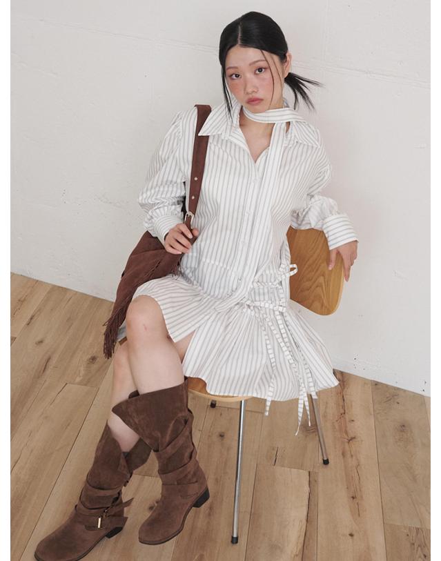 오프닝선샤인 Stripe Double Strap Shirt Mini Dress Ivory 아이보리 착용컷