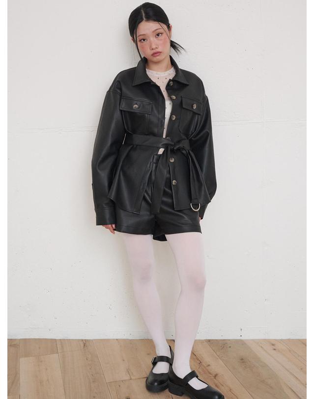 오프닝선샤인 Belted Button-Point Leather Shirt Black 블랙 착용컷