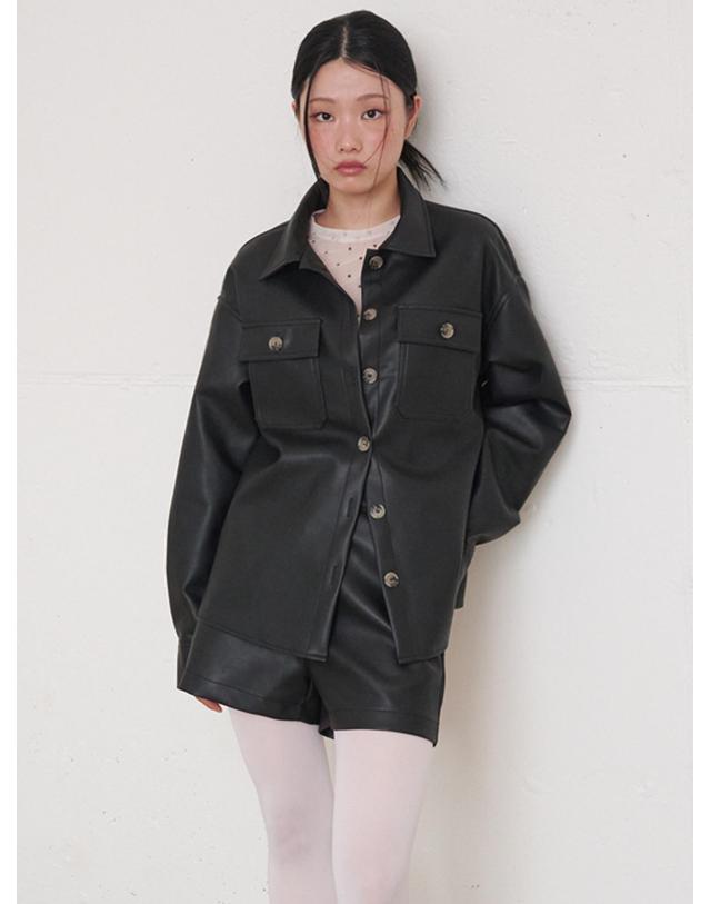 오프닝선샤인 Belted Button-Point Leather Shirt Black 블랙 착용컷