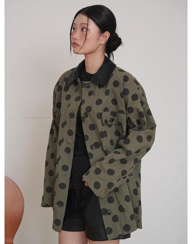 오프닝선샤인 Leather Collar Cotton Work Jacket Dot Khaki 카키 착용컷