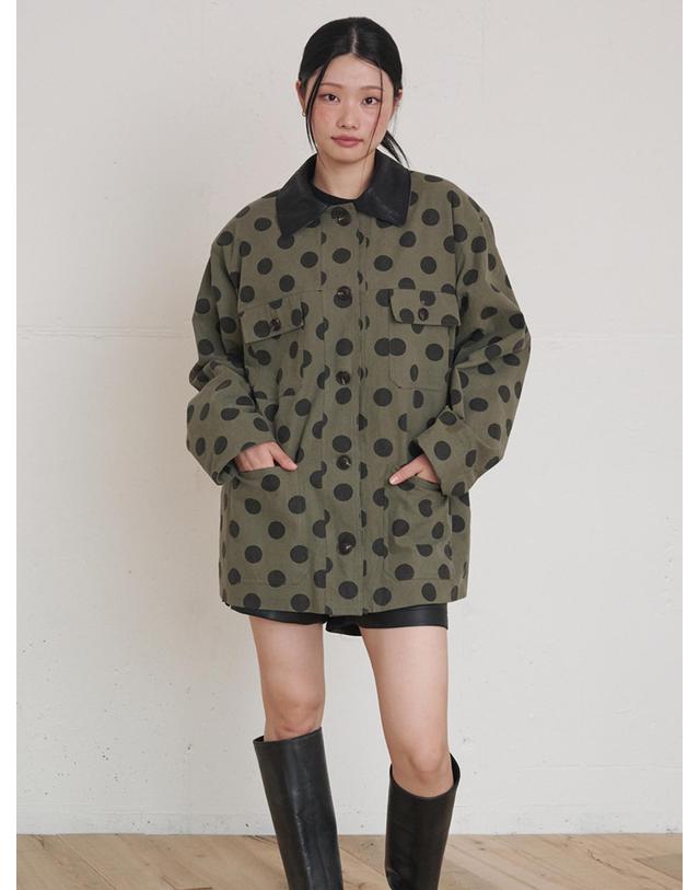 오프닝선샤인 Leather Collar Cotton Work Jacket Dot Khaki 카키 착용컷