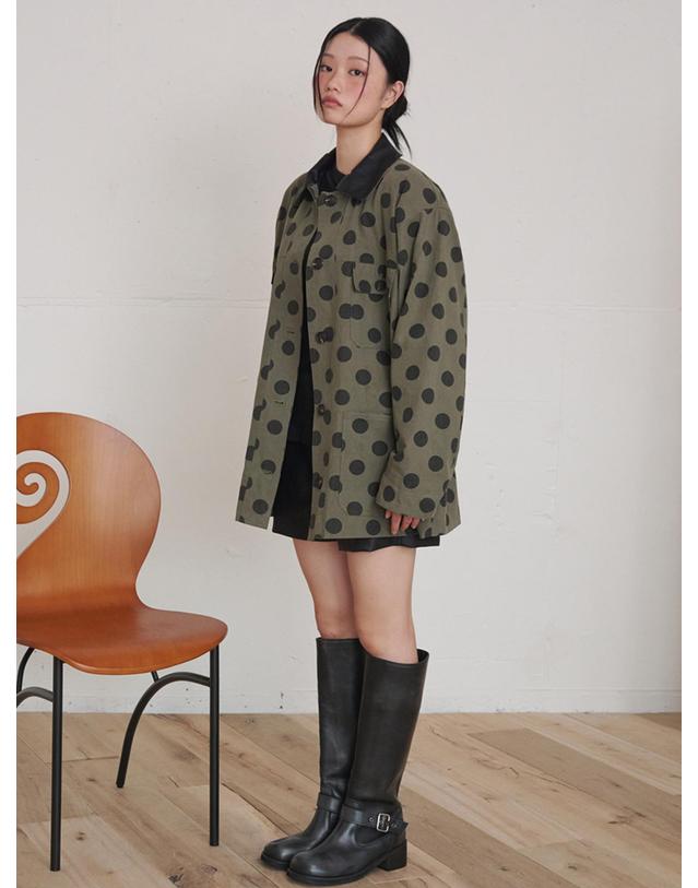 오프닝선샤인 Leather Collar Cotton Work Jacket Dot Khaki 카키 착용컷