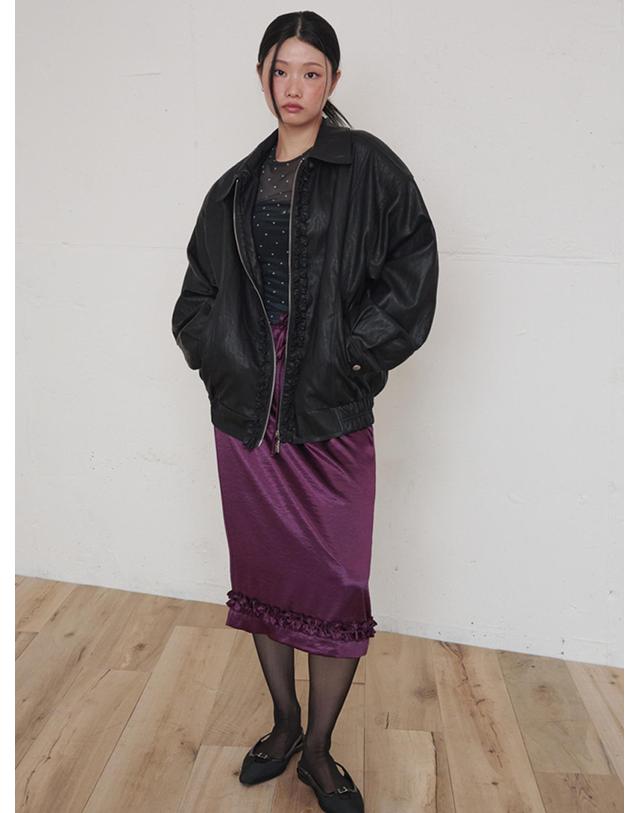 오프닝선샤인 Soft Leather Frill Bomber Jacket Black 블랙 착용컷