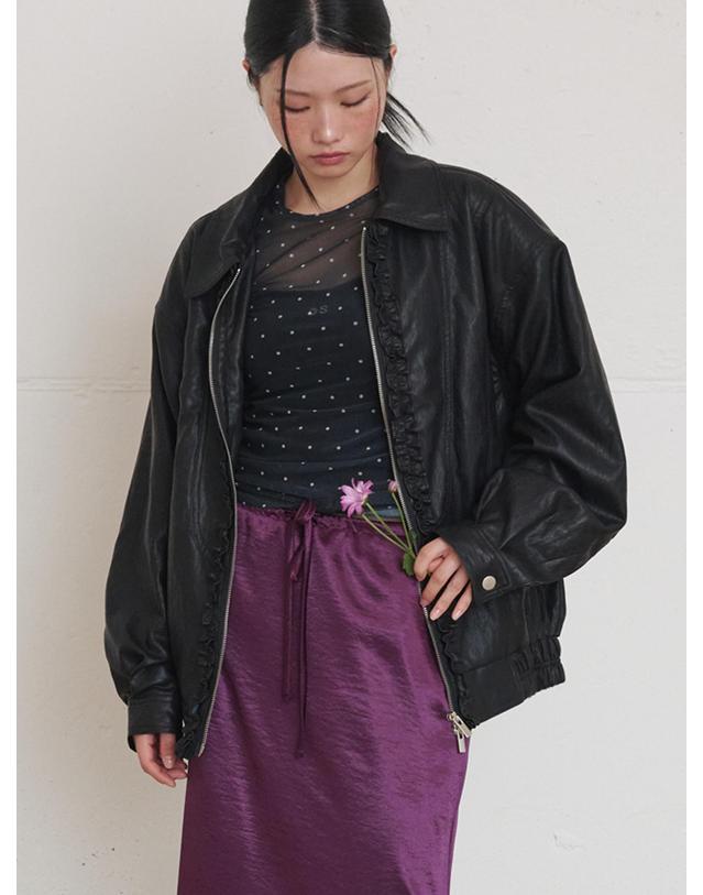 오프닝선샤인 Soft Leather Frill Bomber Jacket Black 블랙 착용컷