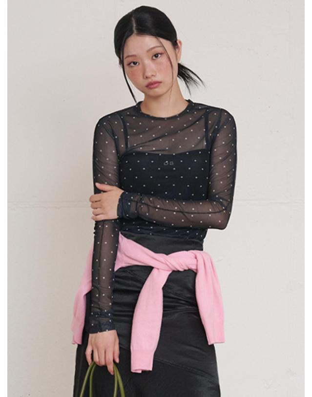 오프닝선샤인 Dot See-through Long Sleeve MeshTop Black 브라운 착용컷