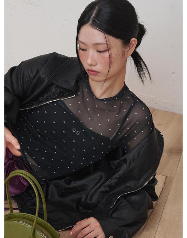 오프닝선샤인 Dot See-through Long Sleeve MeshTop Black 브라운 착용컷