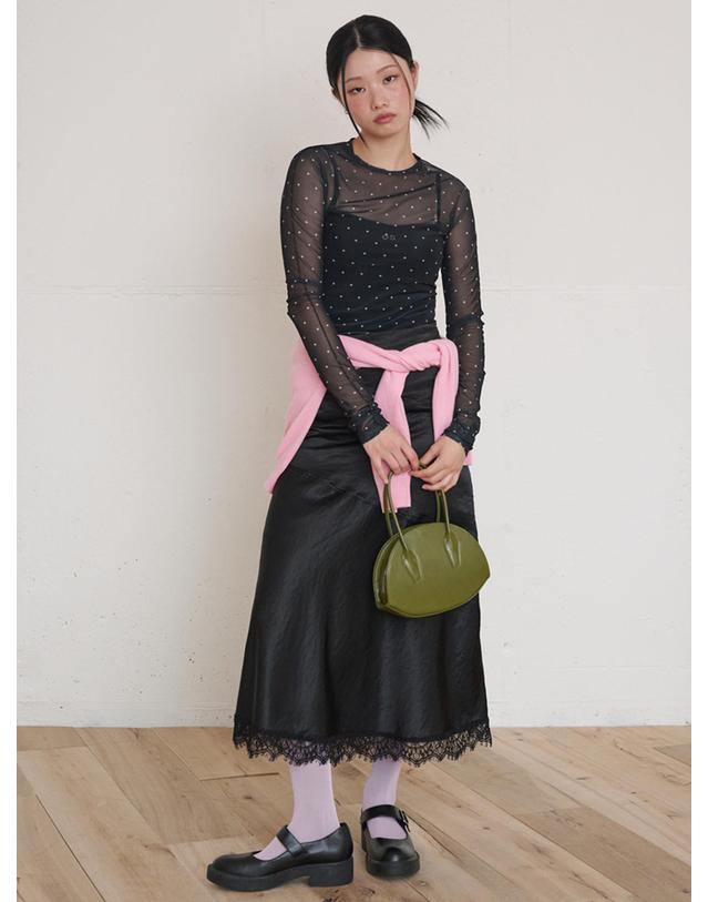 오프닝선샤인 Dot See-through Long Sleeve MeshTop Black 브라운 착용컷