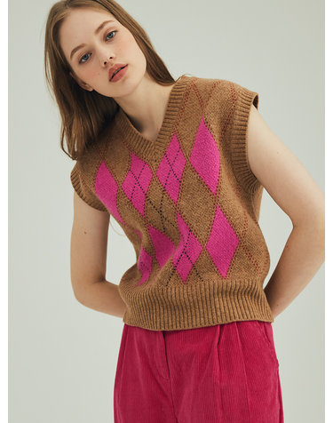 ARGYLE KNIT VEST_PINK