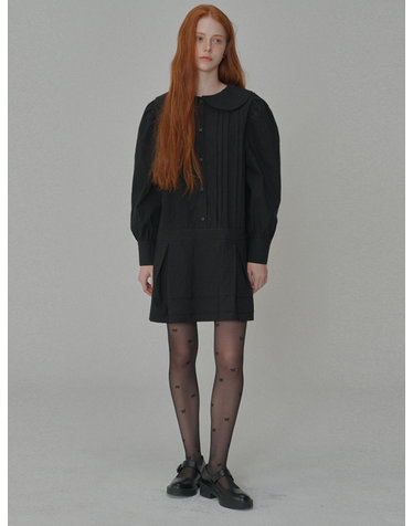 Round Collar Pin-tuck Mini Dress_Black