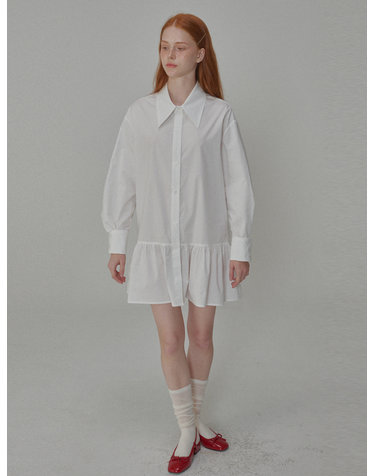 Cotton shirring mini shirt dress_White