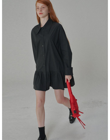 Cotton shirring mini shirt dress_Black	