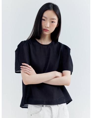 Puff Sleeve Basic Short-sleeved Blouse_Black