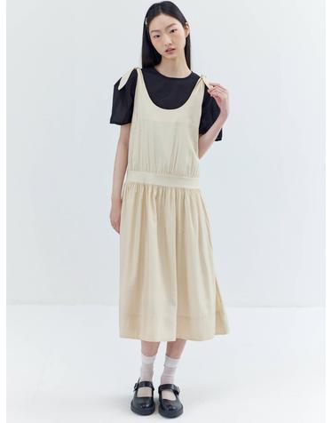 Ribbon Shoulder Strap Shirring Sleeveless Dress_Beige