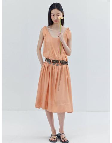Ribbon Shoulder Strap Shirring Sleeveless Dress_Peach Pink