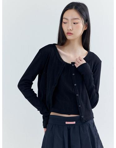 Eyelet Long sleeve Cropped Cardigan_Black