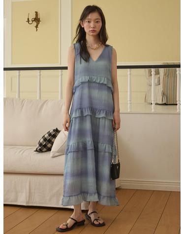 Sleeveless Ruffle Tiered Long Dress_Blue Mist