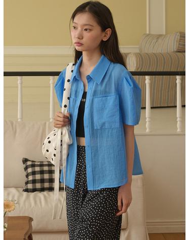 Organza Puff Sleeve Pocket Blouse_Cobalt Blue
