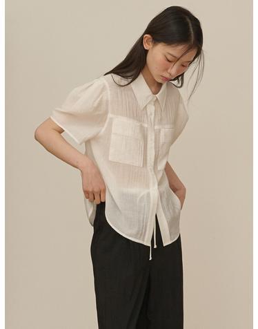 Organza Puff Sleeve Pocket Blouse_White