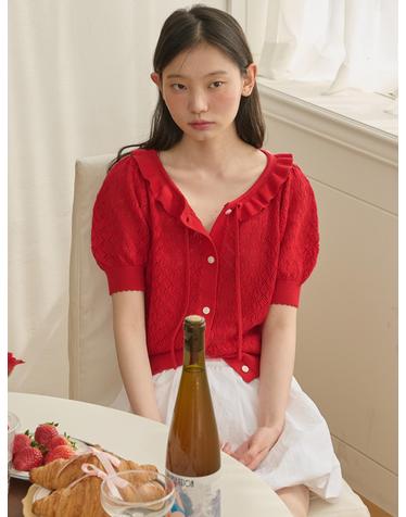 Ruffle Collar Cropped Knit Cardigan_Red
