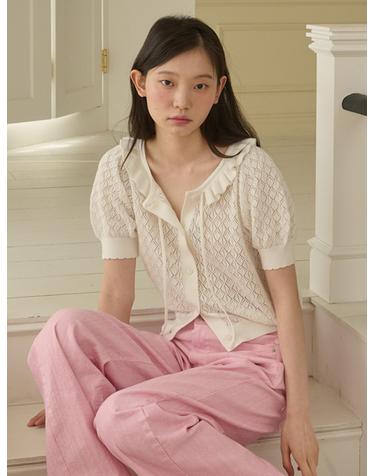 Ruffle Collar Cropped Knit Cardigan_White
