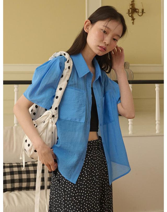 오프닝선샤인 Organza Puff Sleeve Pocket Blouse_Cobalt Blue 착용컷