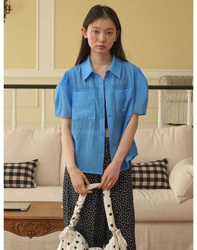 오프닝선샤인 Organza Puff Sleeve Pocket Blouse_Cobalt Blue 착용컷