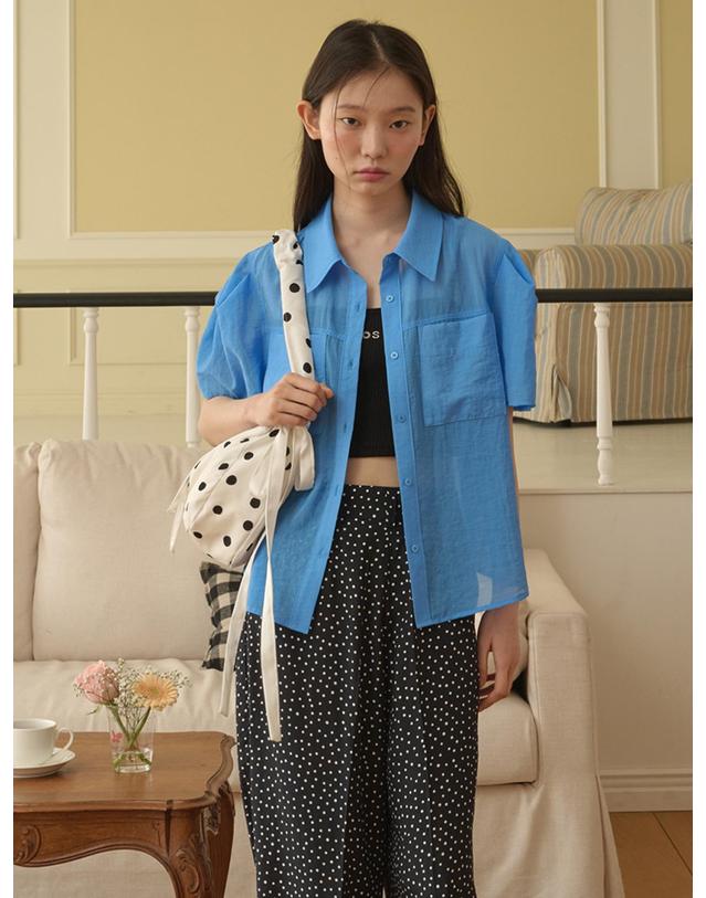 오프닝선샤인 Organza Puff Sleeve Pocket Blouse_Cobalt Blue 착용컷