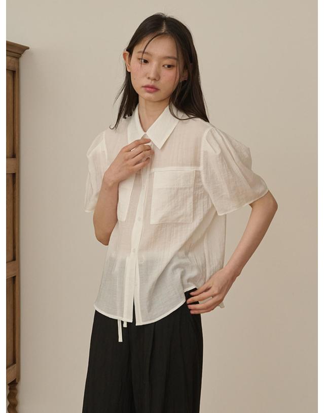 오프닝선샤인 Organza Puff Sleeve Pocket Blouse_White 착용컷