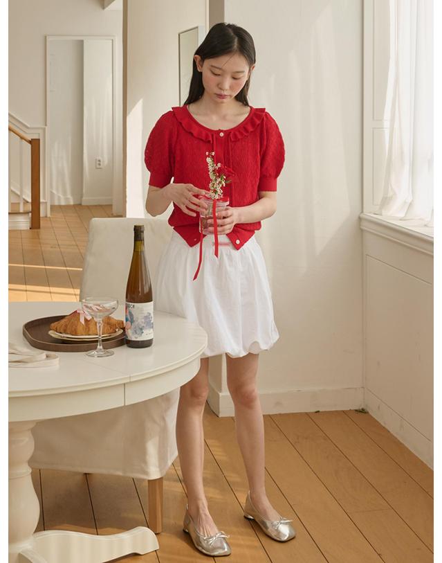 오프닝선샤인 Ruffle Collar Cropped Knit Cardigan_Red 착용컷