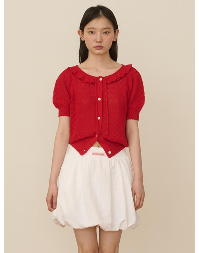 오프닝선샤인 Ruffle Collar Cropped Knit Cardigan_Red 착용컷