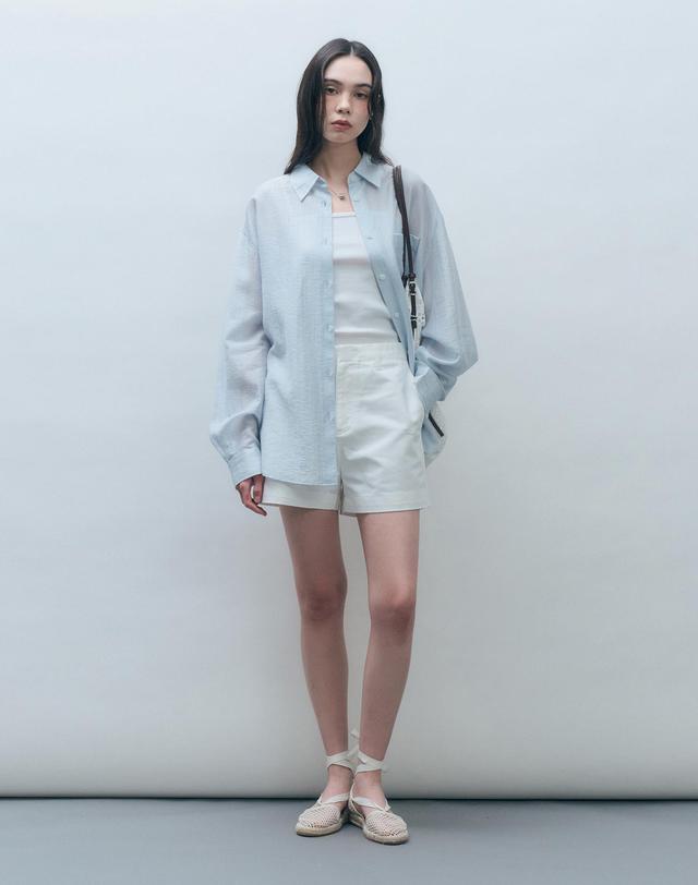 몽돌 텐셀 시스루 루즈핏 셔츠 스카이블루 MDSH019SKYBLUE 착용컷