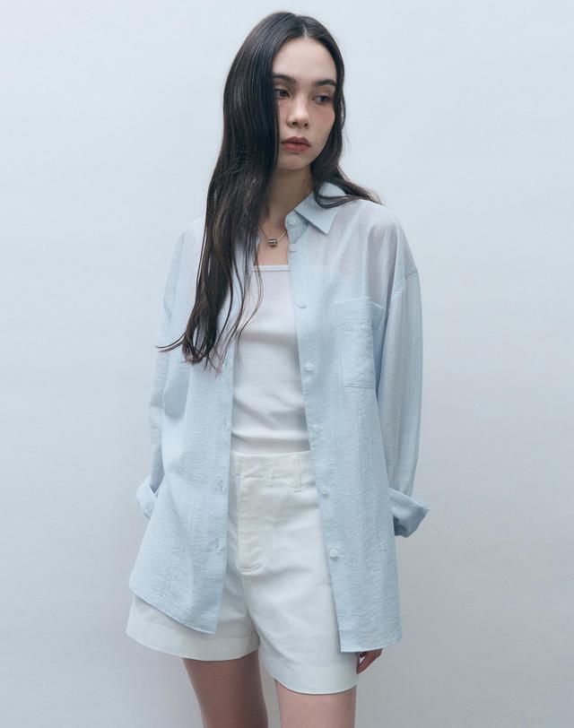 몽돌 텐셀 시스루 루즈핏 셔츠 스카이블루 MDSH019SKYBLUE 착용컷