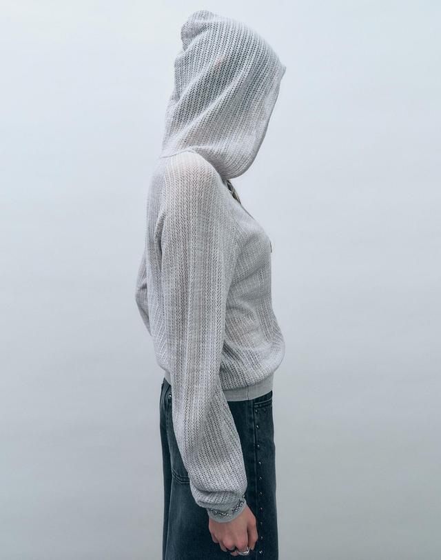 몽돌 크로쉐 니트 후드 집업 라이트그레이 MDCD040LGRAY 착용컷