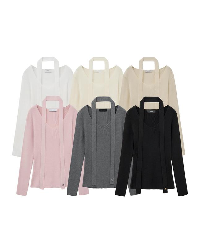 몽돌 [머플러 SET] 브이넥 슬림 골지 니트 탑 MDKT122_6 Colors 착용컷