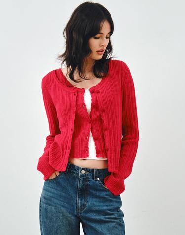 [SET] 펀칭 니트 가디건 & 슬리브리스 레드 MDCD059RED